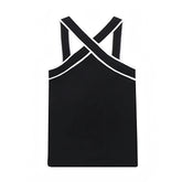 Black & White Lined Contrast Knit Backless Halter Tank Top